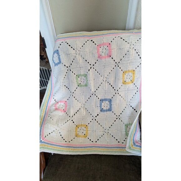 Handmade Crochet Baby Blanket Pastel Squares White  Color Accents  32.5 c 32 - Picture 4 of 8